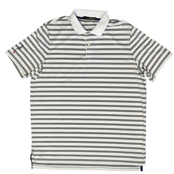 RLX Ralph Lauren Golf Performance Polo Gray and‎ White Stripe Men's Size Large - Picture 1 of 7
